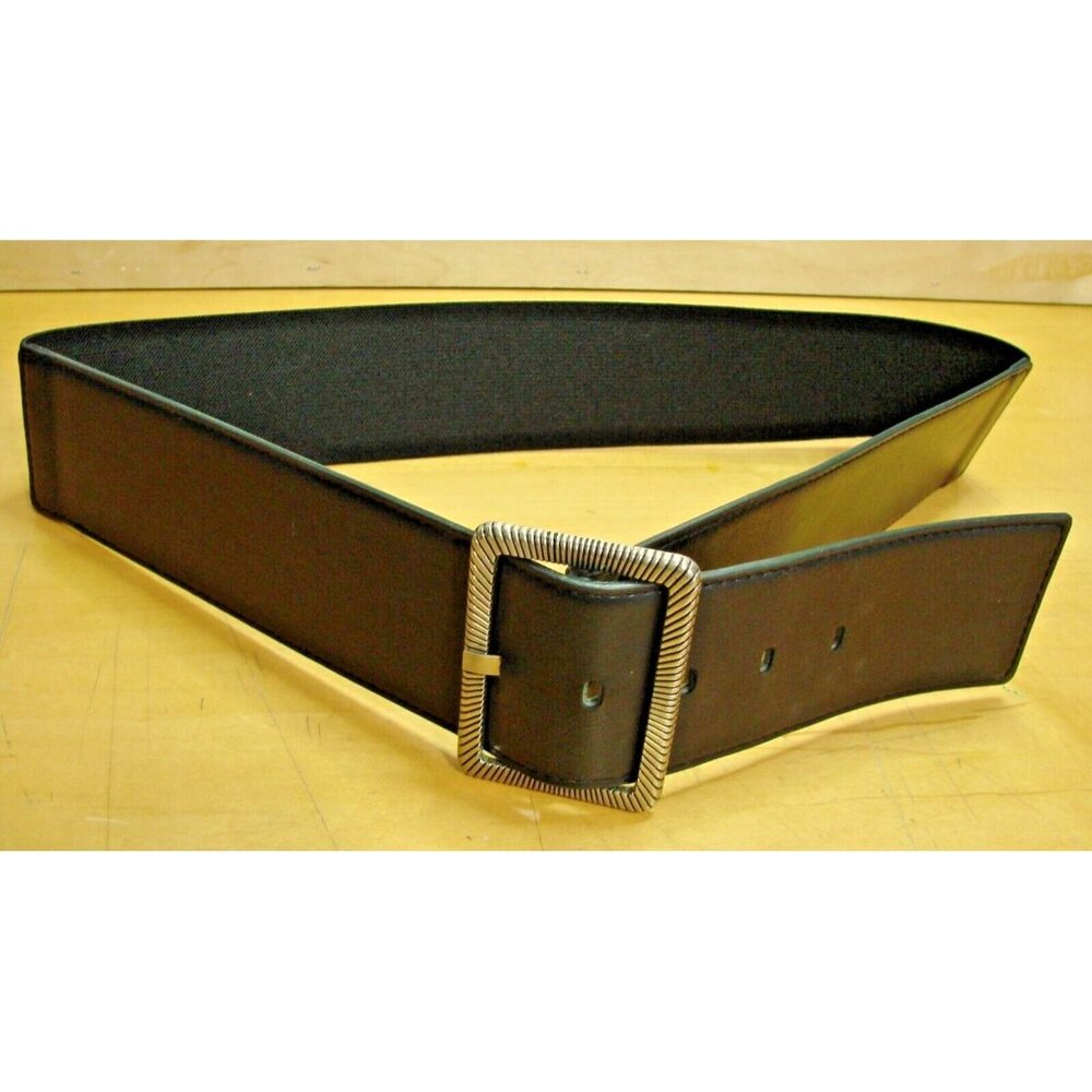 Womens L/XL Stretch Black Dress Belt Silver Ornate Buckle Poly Faux Leather Rbr